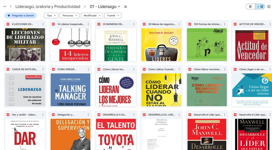 Carpeta real de Liderazgo, oratoria y Productividad en Drive