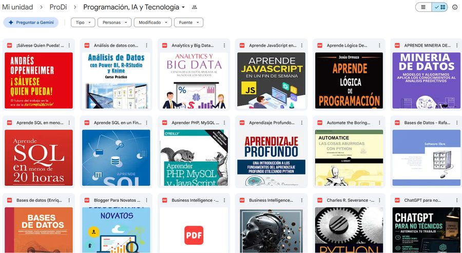 Carpeta real de Programación, IA y Tecnología — vista de libros